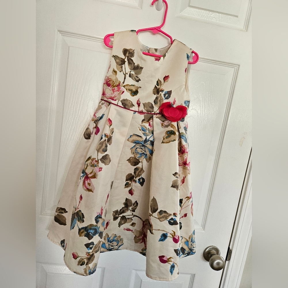 Cream Floral Girls' Party Dress with Pink Waist Flower